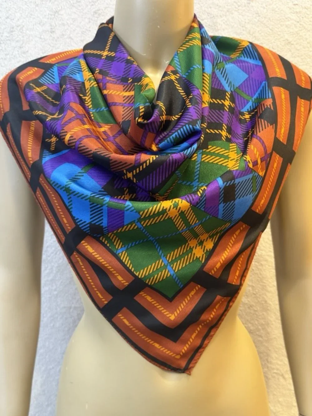 VTG Acute Scarf, Korea, 1980's, Vibrant Multi-Colored Patchwork Plaid 30
